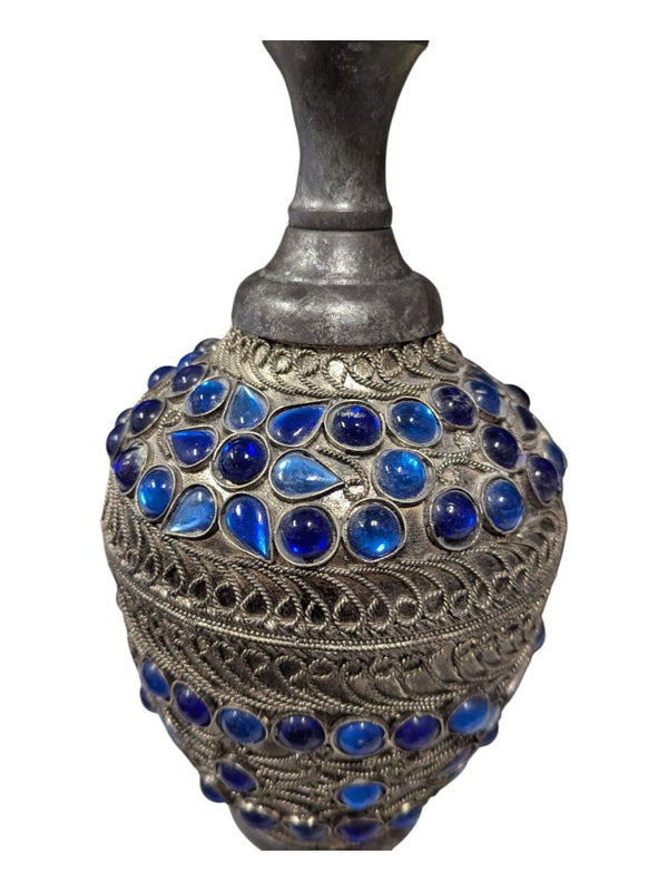 Vintage Italian Style Table Lamp Steel Stand with/ Blue Glass Pattern