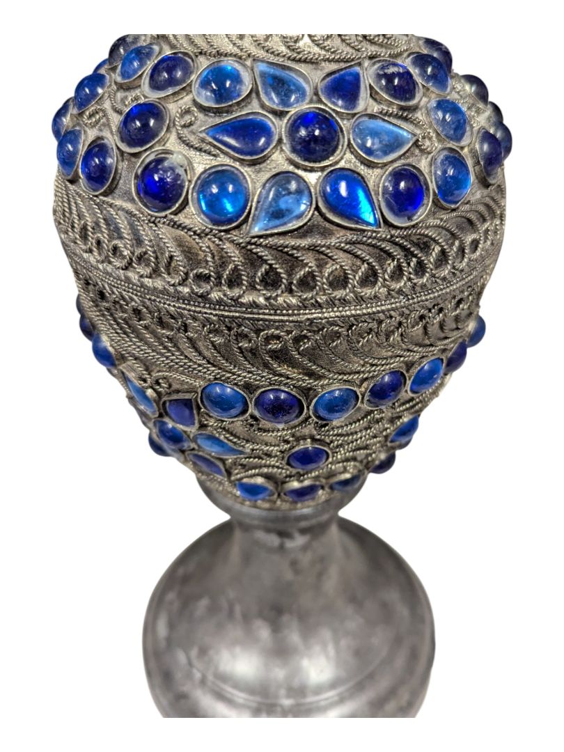 Vintage Italian Style Table Lamp Steel Stand with/ Blue Glass Pattern