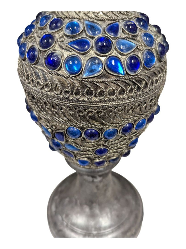 Vintage Italian Style Table Lamp Steel Stand with/ Blue Glass Pattern