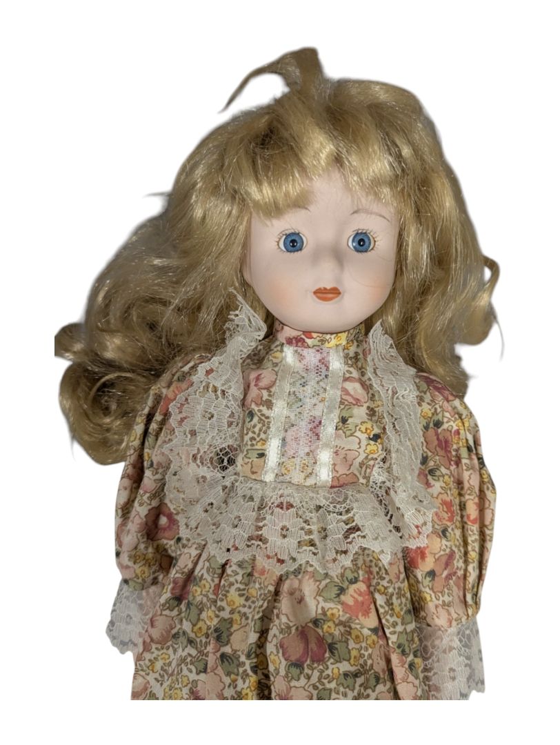 Victorian Style Porcelain Doll with Wavy Blonde Hair