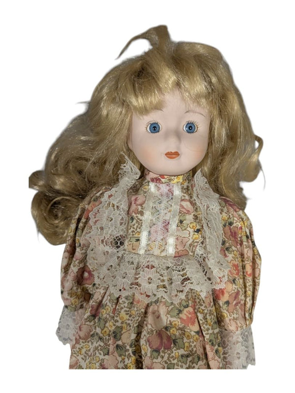 Victorian Style Porcelain Doll with Wavy Blonde Hair