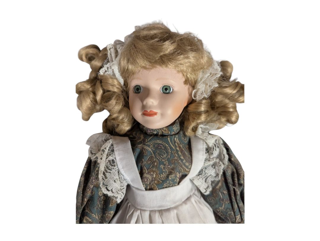 Victorian Style Porcelain Doll with Curly Blonde Hair