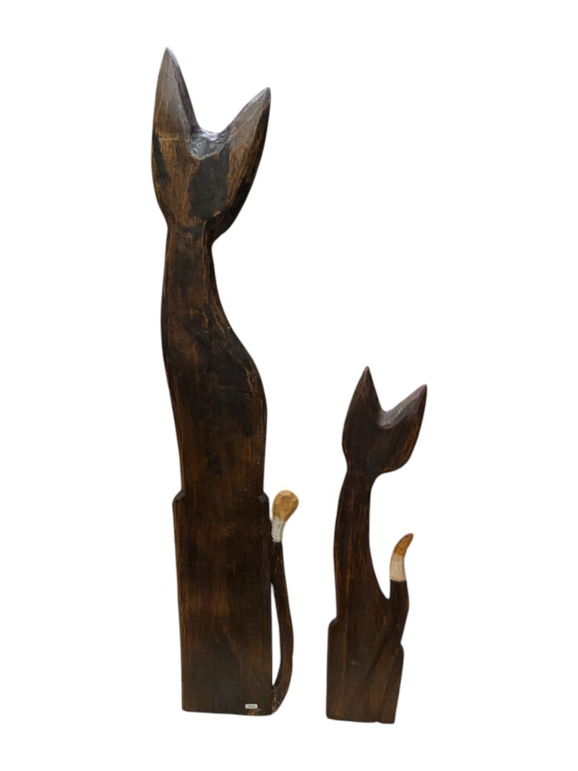 Pair of Hand Carved & Painted Folk Art Standing Cat Statues