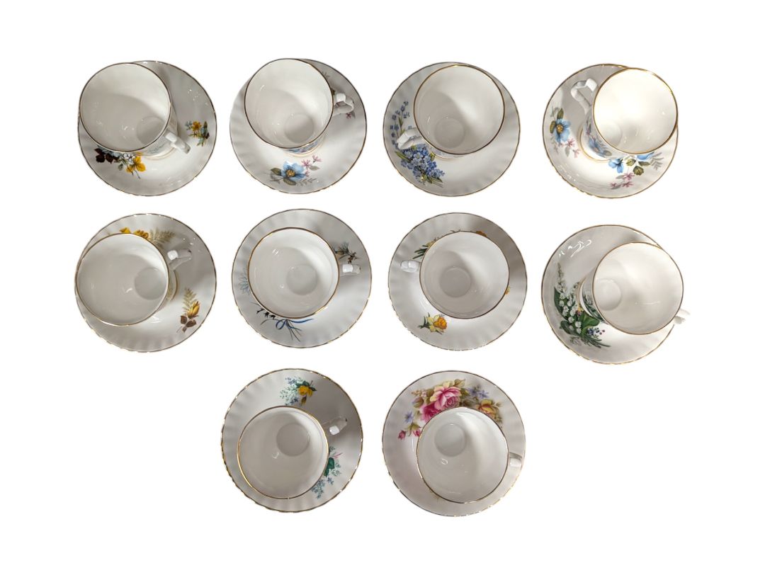 Set of 10 Bluebird Floral Cups and Saucers Vintage