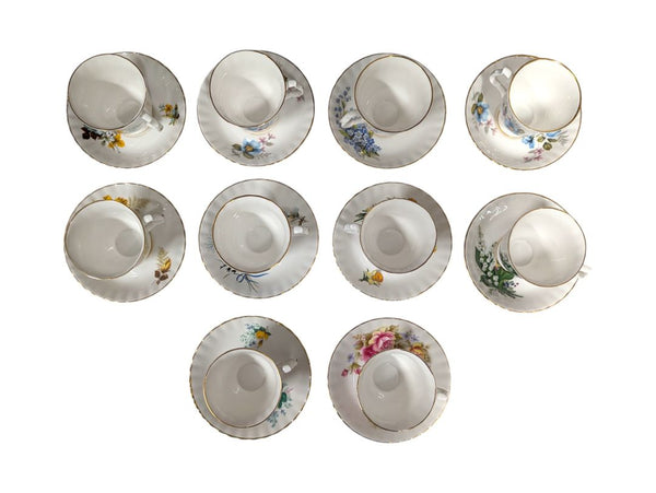 Set of 10 Bluebird Floral Cups and Saucers Vintage