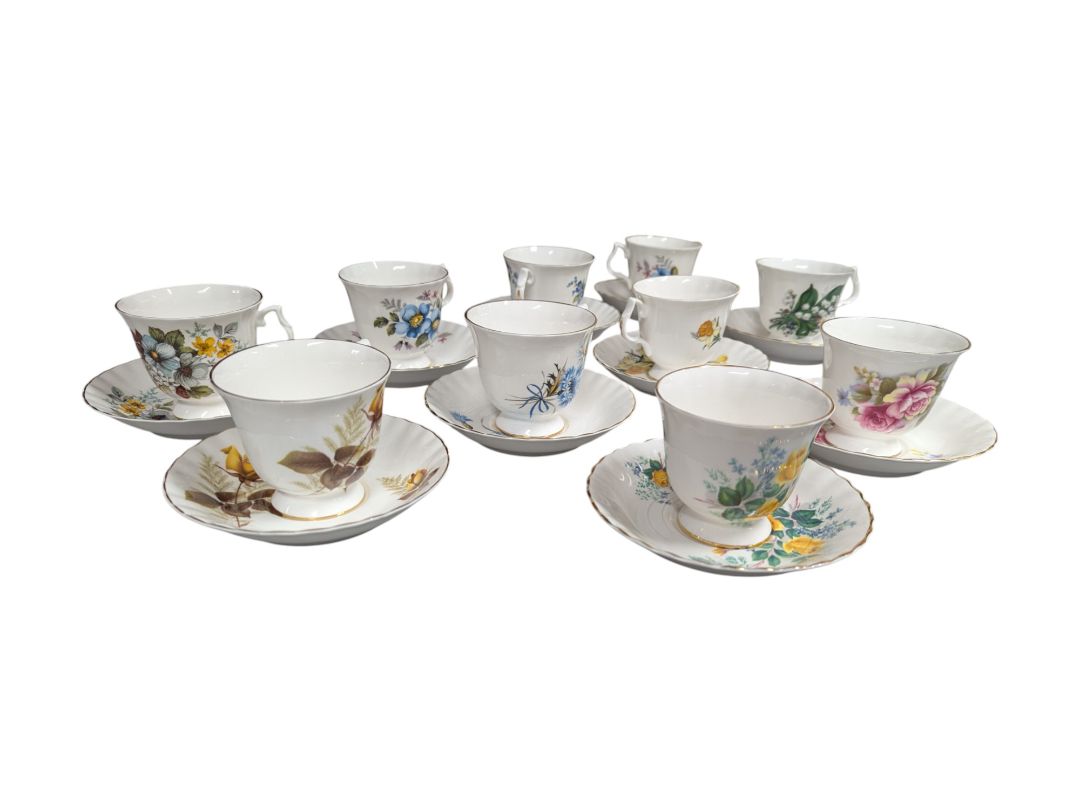 Set of 10 Bluebird Floral Cups and Saucers Vintage