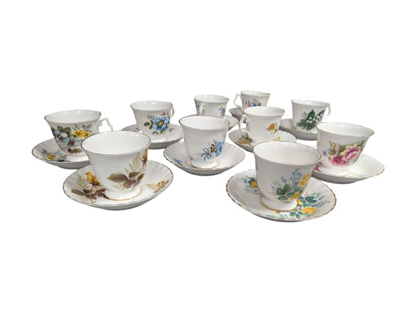 Set of 10 Bluebird Floral Cups and Saucers Vintage