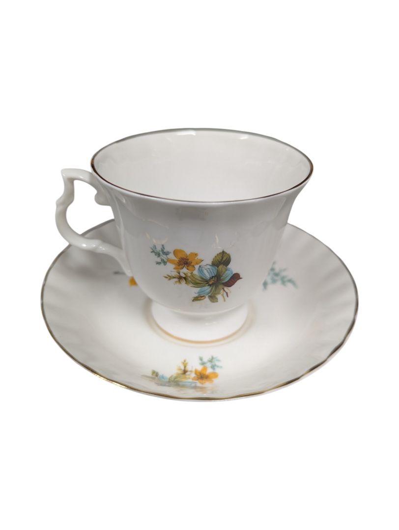 Set of 10 Bluebird Floral Cups and Saucers Vintage