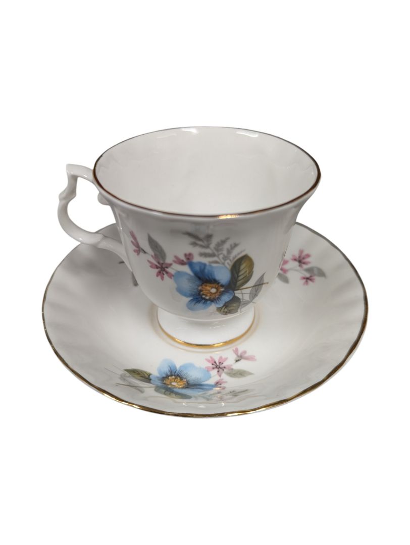 Set of 10 Bluebird Floral Cups and Saucers Vintage
