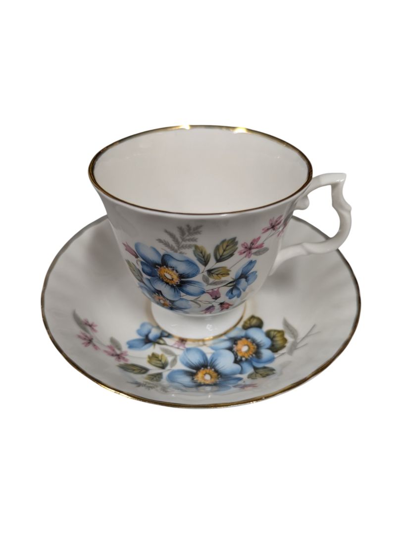 Set of 10 Bluebird Floral Cups and Saucers Vintage
