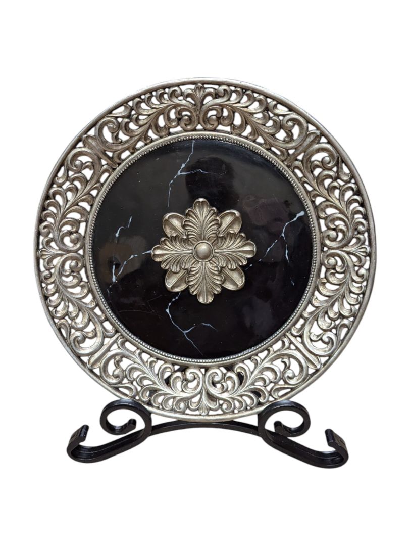 Decorative Faux Metal and Marble Plate w/ Stand