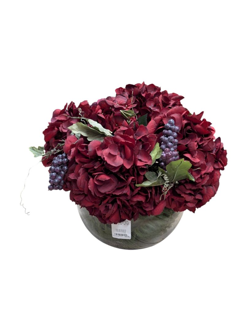 Faux Red Hydrangea Arrangement in Glass Bowl