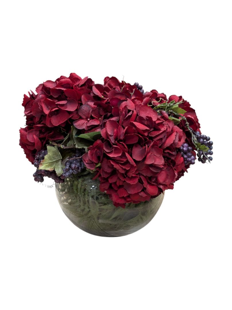 Faux Red Hydrangea Arrangement in Glass Bowl