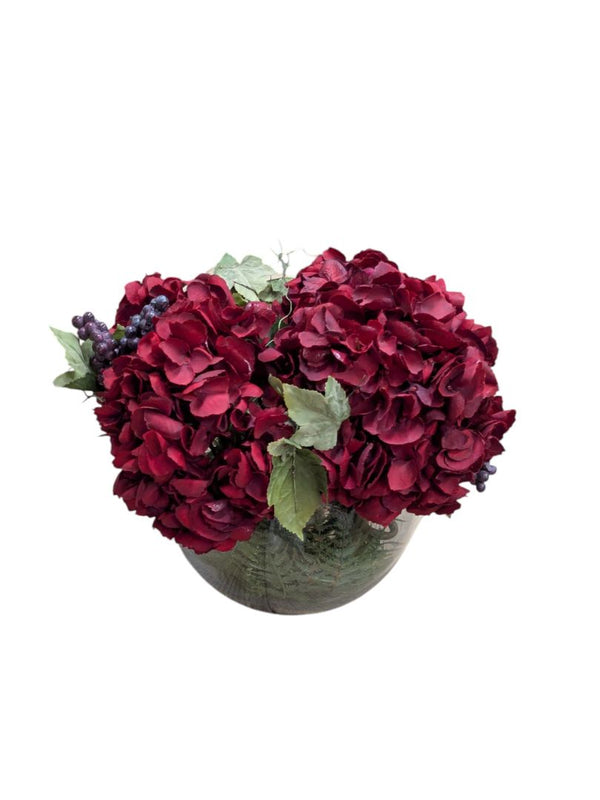Faux Red Hydrangea Arrangement in Glass Bowl