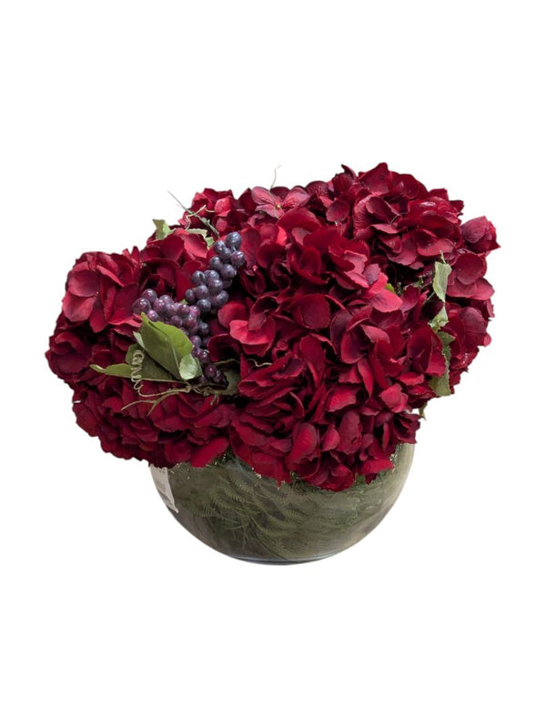 Faux Red Hydrangea Arrangement in Glass Bowl