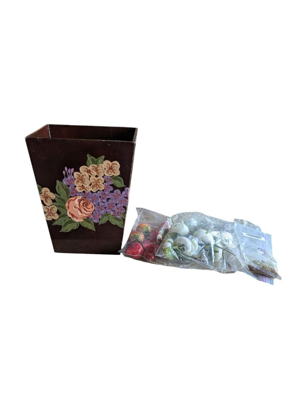 Hand-Painted Wooden Floral Bucket with Faux Fruit & Flowers