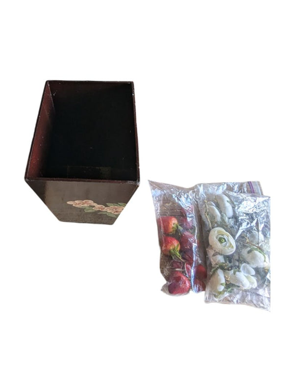 Hand-Painted Wooden Floral Bucket with Faux Fruit & Flowers