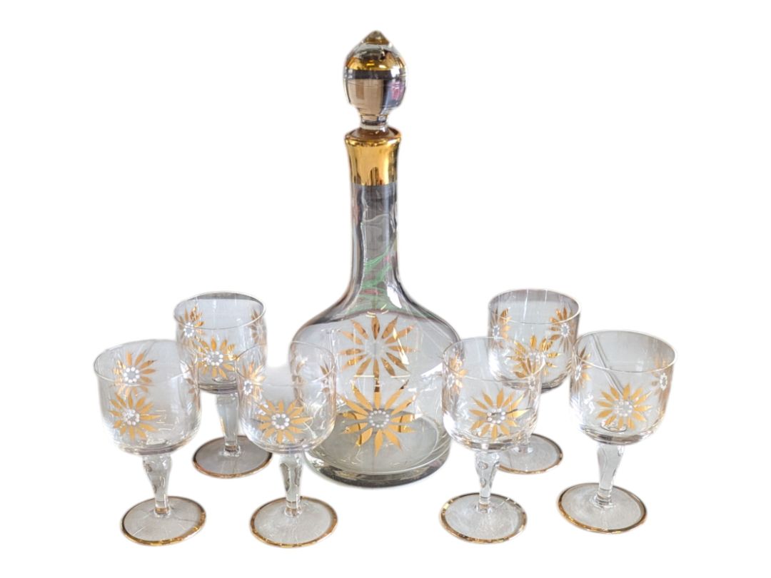 Vintage Hand-Painted Gold Floral Design Glass Decanter & Goblets (7 pc)