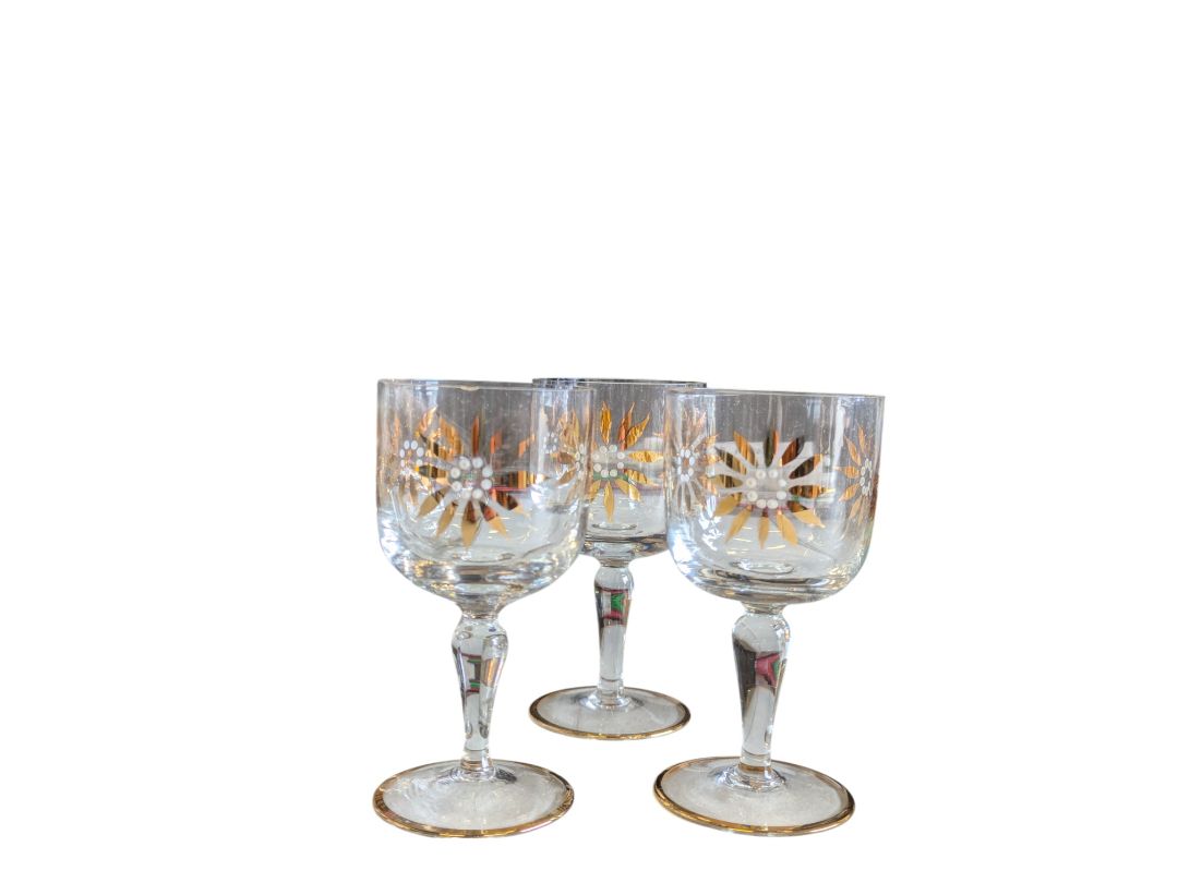 Vintage Hand-Painted Gold Floral Design Glass Decanter & Goblets (7 pc)
