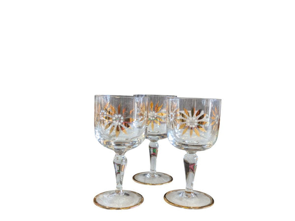 Vintage Hand-Painted Gold Floral Design Glass Decanter & Goblets (7 pc)