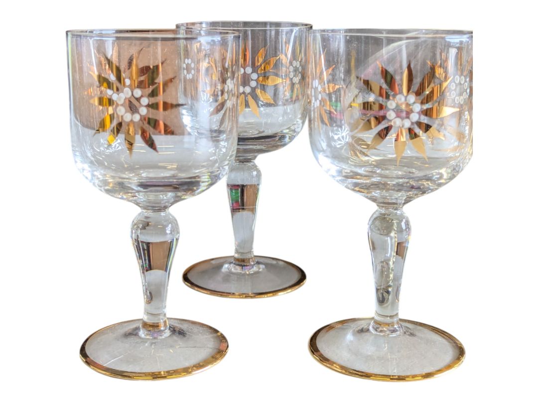 Vintage Hand-Painted Gold Floral Design Glass Decanter & Goblets (7 pc)