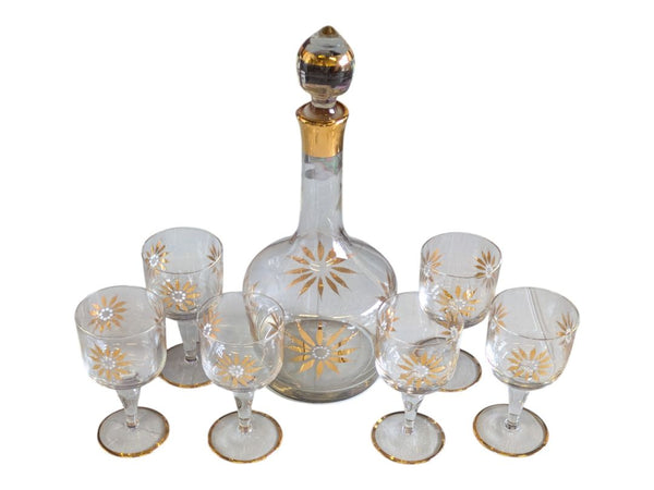 Vintage Hand-Painted Gold Floral Design Glass Decanter & Goblets (7 pc)
