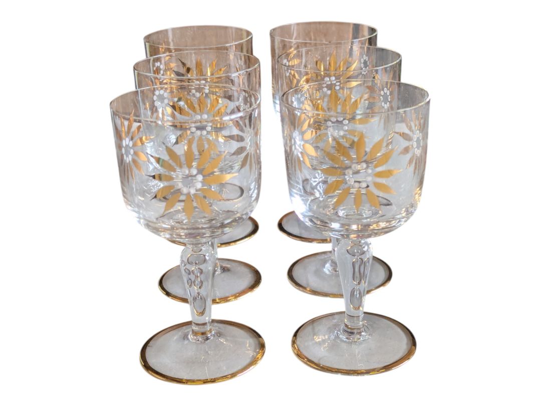 Vintage Hand-Painted Gold Floral Design Glass Decanter & Goblets (7 pc)