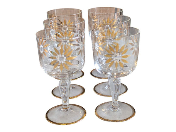 Vintage Hand-Painted Gold Floral Design Glass Decanter & Goblets (7 pc)