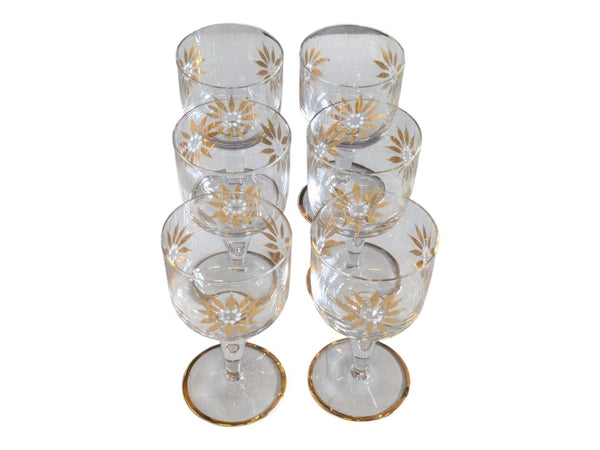 Vintage Hand-Painted Gold Floral Design Glass Decanter & Goblets (7 pc)