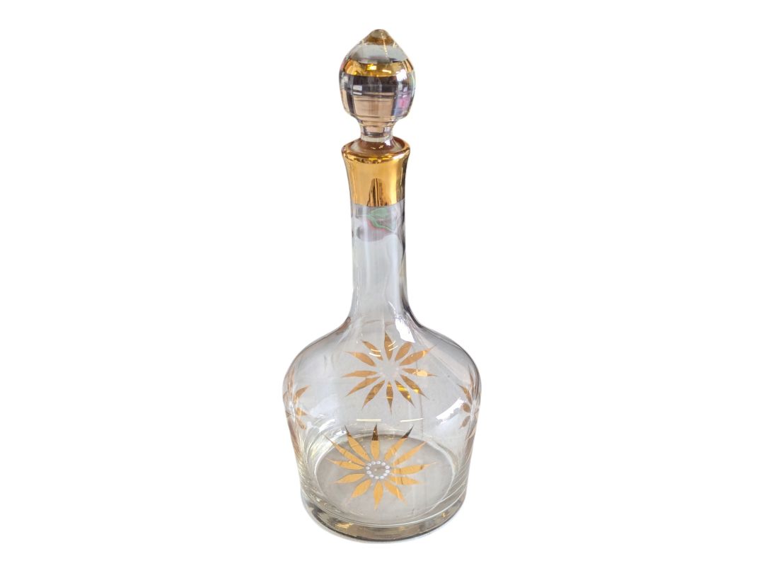 Vintage Hand-Painted Gold Floral Design Glass Decanter & Goblets (7 pc)