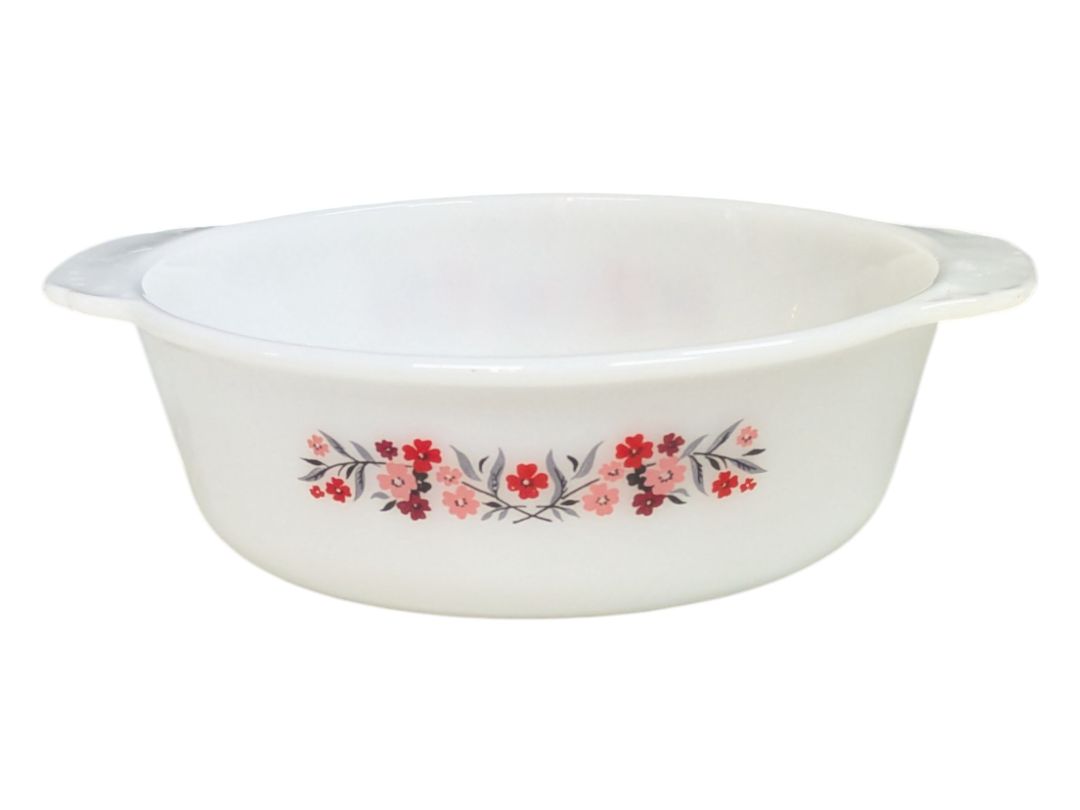 Fire-King Anchor Hocking Milk Glass Casserole Red Floral Pattern Dish