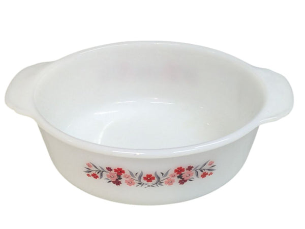 Fire-King Anchor Hocking Milk Glass Casserole Red Floral Pattern Dish