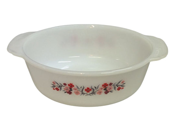 Fire-King Anchor Hocking Milk Glass Casserole Red Floral Pattern Dish