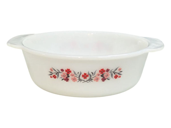 Fire-King Anchor Hocking Milk Glass Casserole Red Floral Pattern Dish