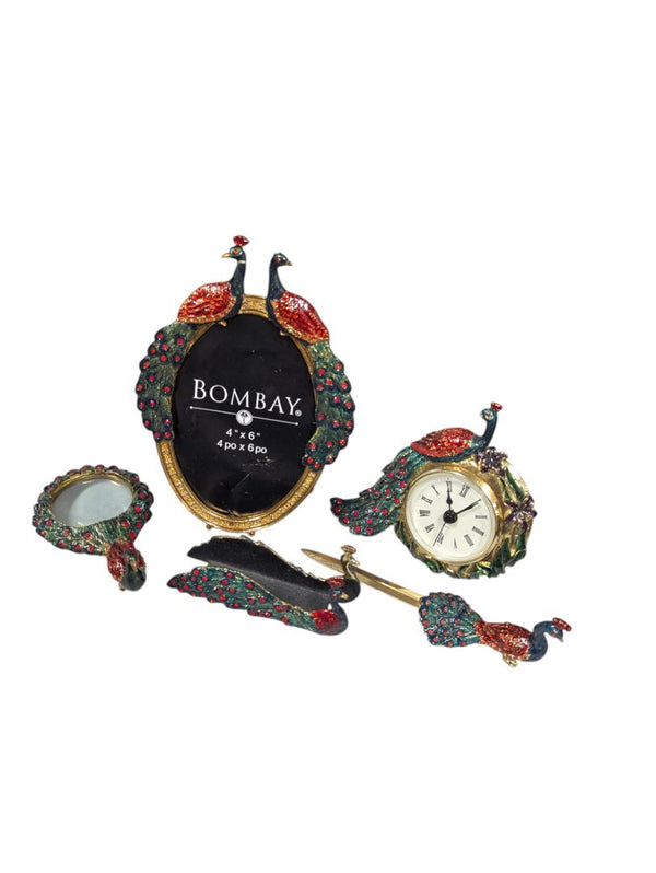 Bombay 5-Piece Peacock Accessory Set - Magnifier, Frame, Clock, Letter Opener, and Tray