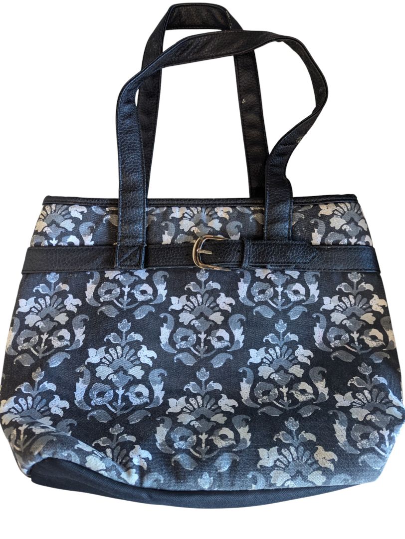 Black & Grey Patterned Tote Bag with Faux Leather Trim