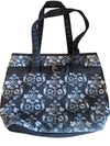 Black & Grey Patterned Tote Bag with Faux Leather Trim