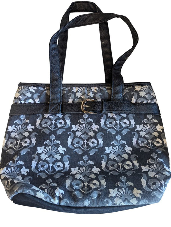 Black & Grey Patterned Tote Bag with Faux Leather Trim