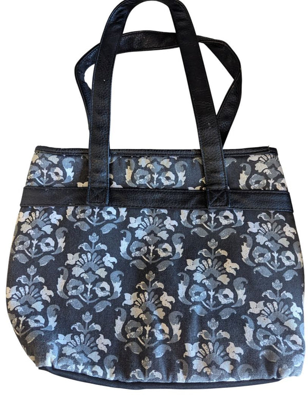 Black & Grey Patterned Tote Bag with Faux Leather Trim