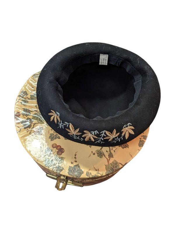 Vintage Hat Box with 2 Hats – Leopard Trim & Embroidered Felt Bowler