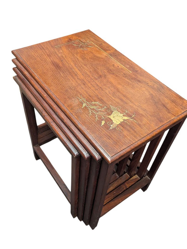 Set of 4 Wooden Nesting Tables with Brass Inlay