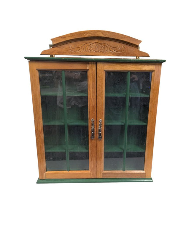 Vintage Wooden Wall Display Cabinet with Carved Pediment