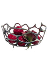 Modern Abstract Silver Metal Fruit Bowl with Faux Red Apples & Succulent Accent