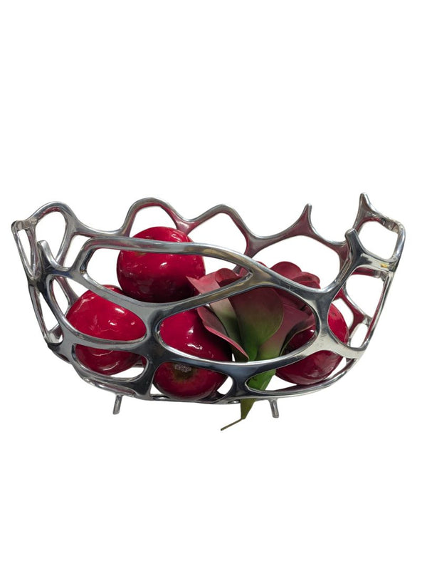 Modern Abstract Silver Metal Fruit Bowl with Faux Red Apples & Succulent Accent
