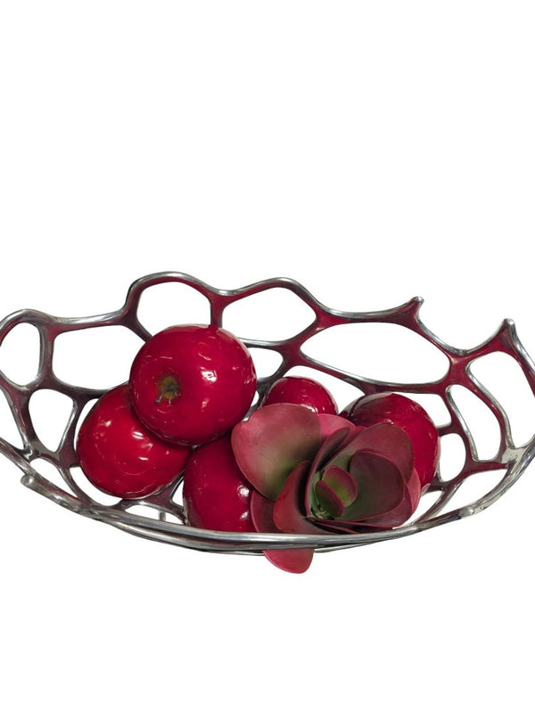 Modern Abstract Silver Metal Fruit Bowl with Faux Red Apples & Succulent Accent