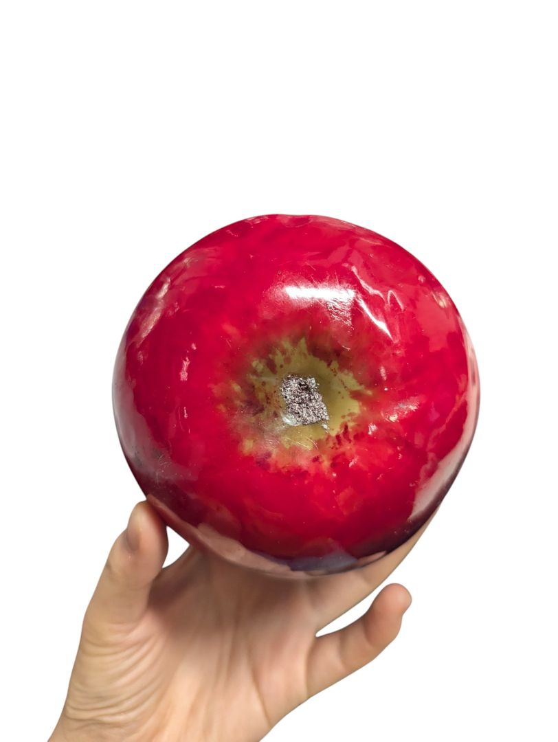 Modern Abstract Silver Metal Fruit Bowl with Faux Red Apples & Succulent Accent