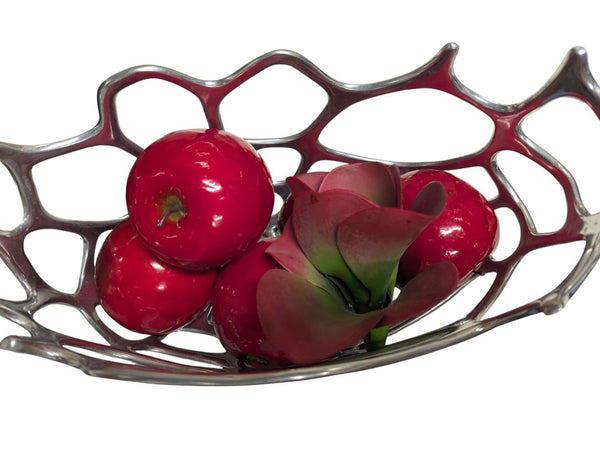 Modern Abstract Silver Metal Fruit Bowl with Faux Red Apples & Succulent Accent