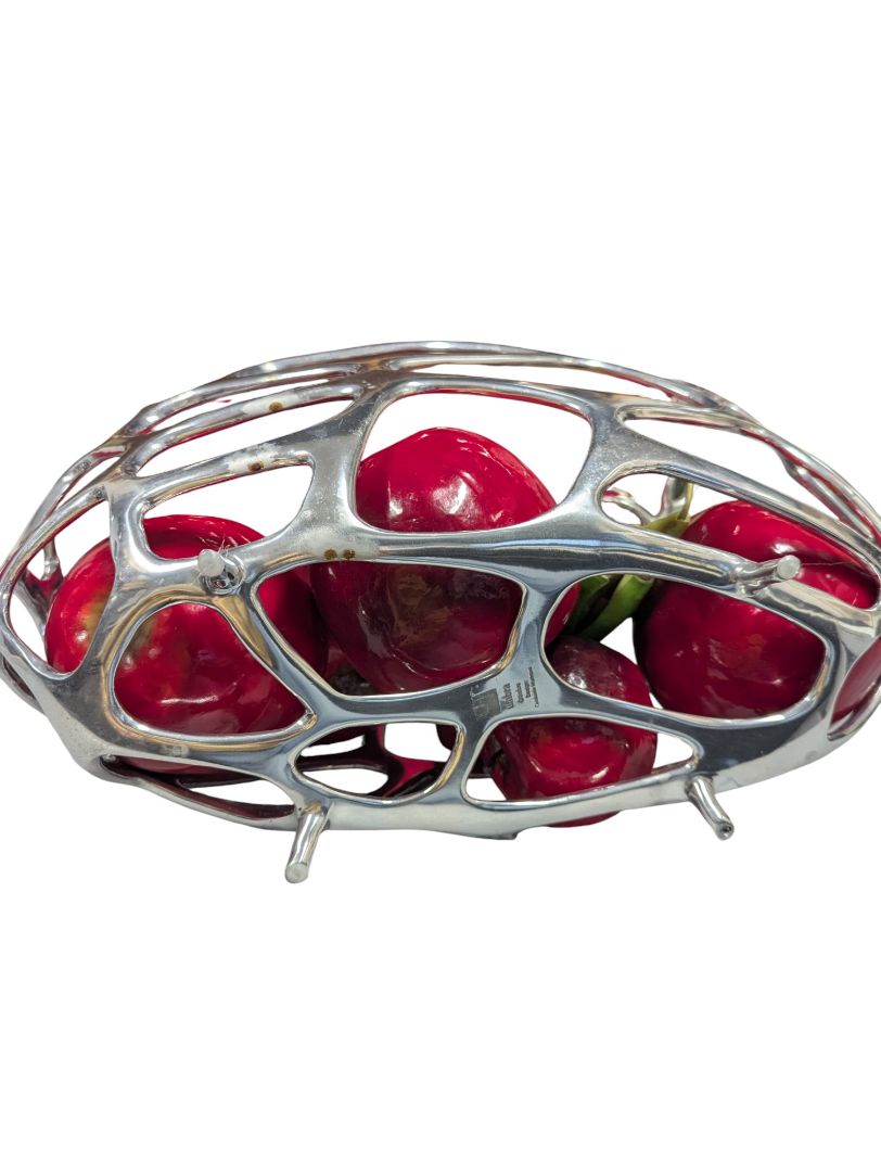 Modern Abstract Silver Metal Fruit Bowl with Faux Red Apples & Succulent Accent