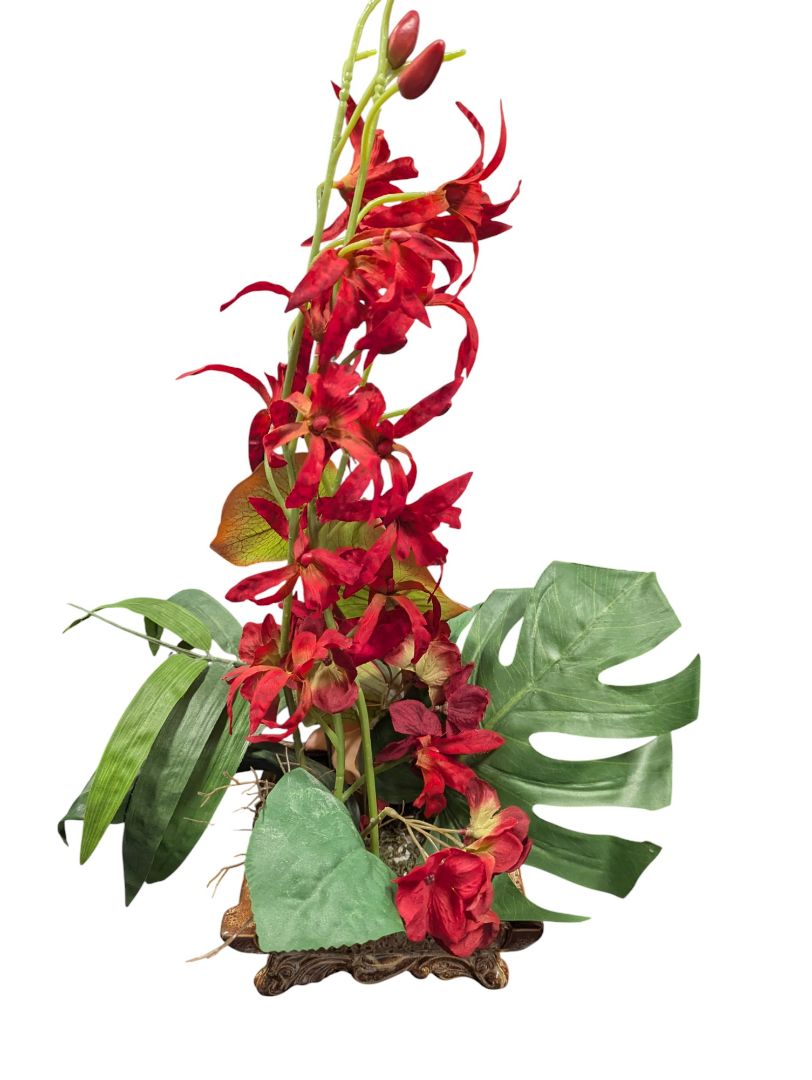 Pair of Decorative Silk Floral Arrangements in Ornate Planters