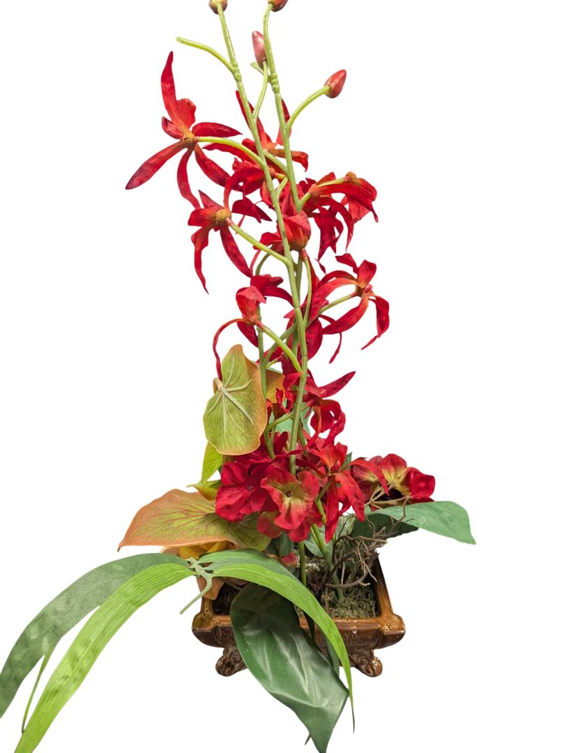 Pair of Decorative Silk Floral Arrangements in Ornate Planters